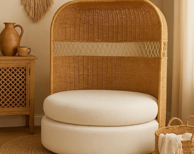 Featured listing image: Bohemian Wicker Loveseat Sofa Chair Settee Photoshoot Prop Dome Canopy Porter Chic Regency Rattan Vintage Armchair Chippendale Chinoiserie