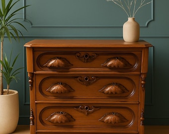 Antique Carved Oak Chest | 3-Drawer Victorian Eastlake Dresser with Leaf Motif CUSTOM PAINT AVAILABLE