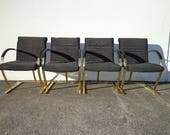 4 Chairs Armchairs Milo Baughman Style Cantilever Gold Brass Metal Mid Century Modern Hollywood Regency Dining Retro Vintage Chair Seating