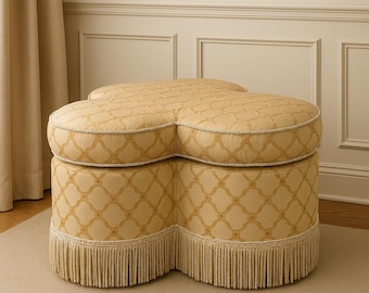 Vintage Clover Shaped Ottoman Gold Patterned Fabric Fringe Skirt Hollywood Regency Vanity Stool Boudoir Rococo Baroque Style Seat Haasock
