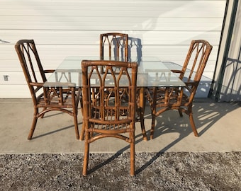 Dining Set Rattan Faux Bamboo Chairs Table 6pc Hollywood Regency Chinese Chippendale Coastal Bohemian Boho Chic Wood Vintage Kitchen Wicker