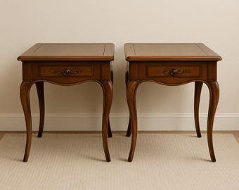 Pair of Antique Wood Tables French Provincial Accent Side End Queen Anne Carved Shabby Chic Vintage Neoclassical CUSTOM PAINT AVAIL