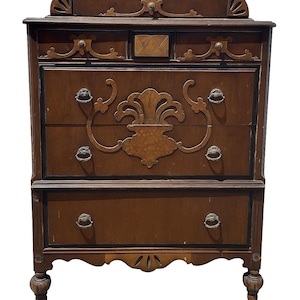 Vintage 1930s Art Deco Highboy Chest: Ornate Inlay & Brass Hardware CUSTOM PAINT / Refinishing Available