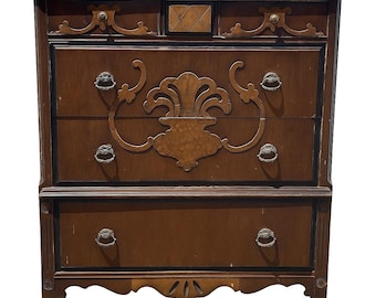 Vintage 1930s Art Deco Highboy Chest: Ornate Inlay & Brass Hardware CUSTOM PAINT / Refinishing Available