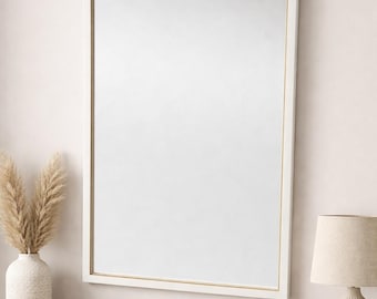 Vintage Hollywood Regency Wall Mirror | White Frame with Brass Ring Detail