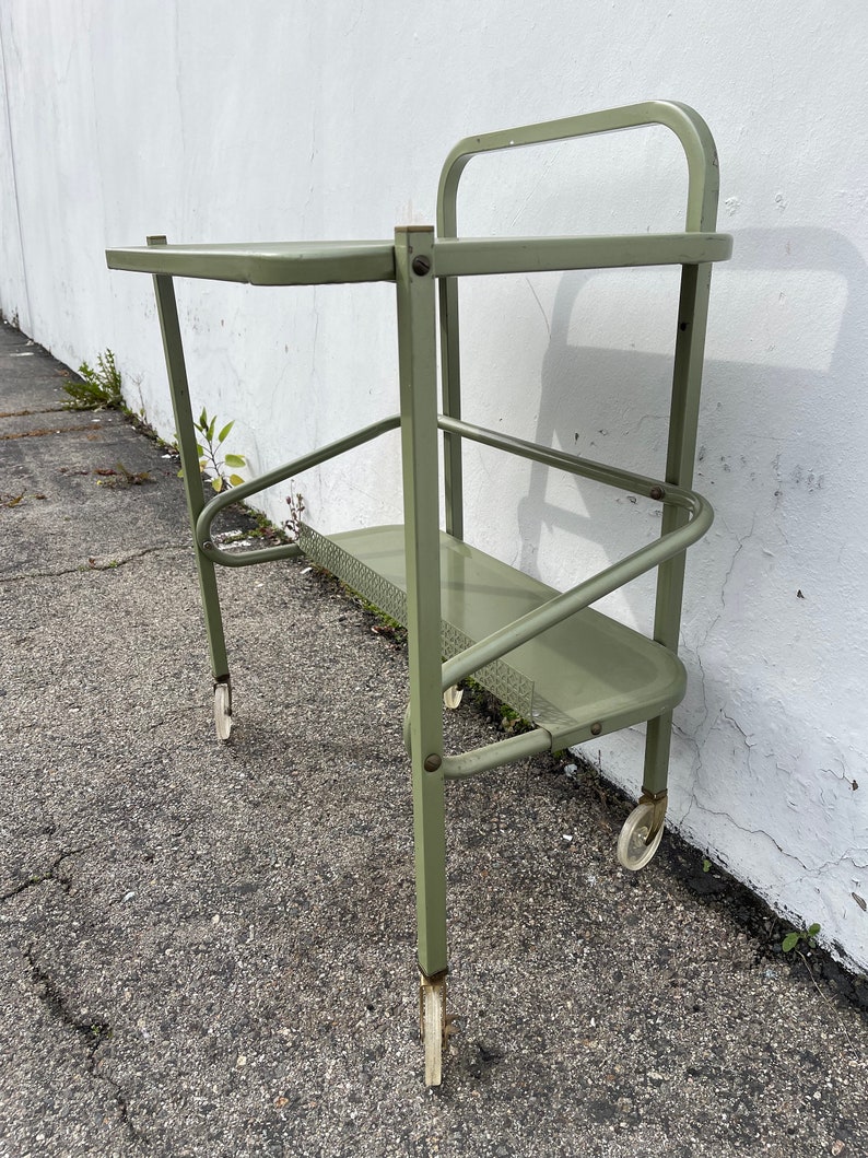 Antique Metal Cart Bar Vintage Green Industrial Mid Century Tea MCM Utility Console Wine Rack Server Mad Men Regency Glam Casters Console image 3