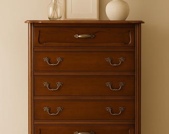 Vintage French Provincial Tallboy Dresser – 5-Drawer Chest of Drawers with Brass and Ornate Hardware CUSTOM PAINT AVAILABLE