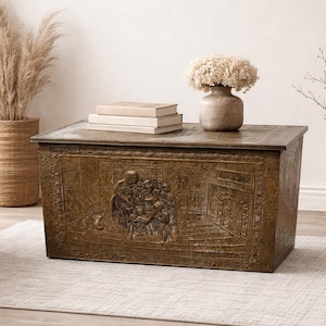 Vintage Embossed Metal Storage Trunk - Antique Style Coffee Table Chest