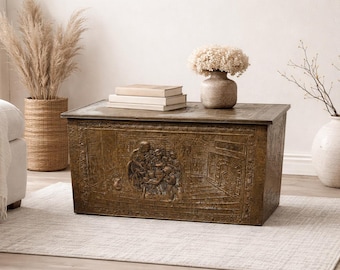 Antique Trunk Firewood Box Brass Clad Embossed Vintage Storage Rustic Coffee Table Hope Chest Boho Beach Cottage Coastal Wardrobe Primitive