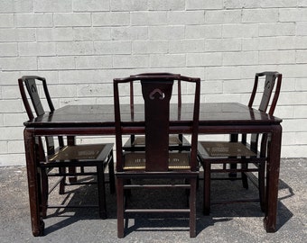 5pc Vintage Asian Style Dining Set Chairs Table Seating Wood Cane Chinoiserie Kitchen Bohemian Chic Antique Furniture CUSTOM PAINT Avail