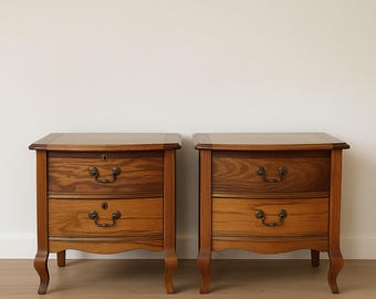 Pair Vintage Traditional Nightstands – Oak Finish Brass Pulls – Solid Wood Bedside / End Tables CUSTOM PAINT AVAIL