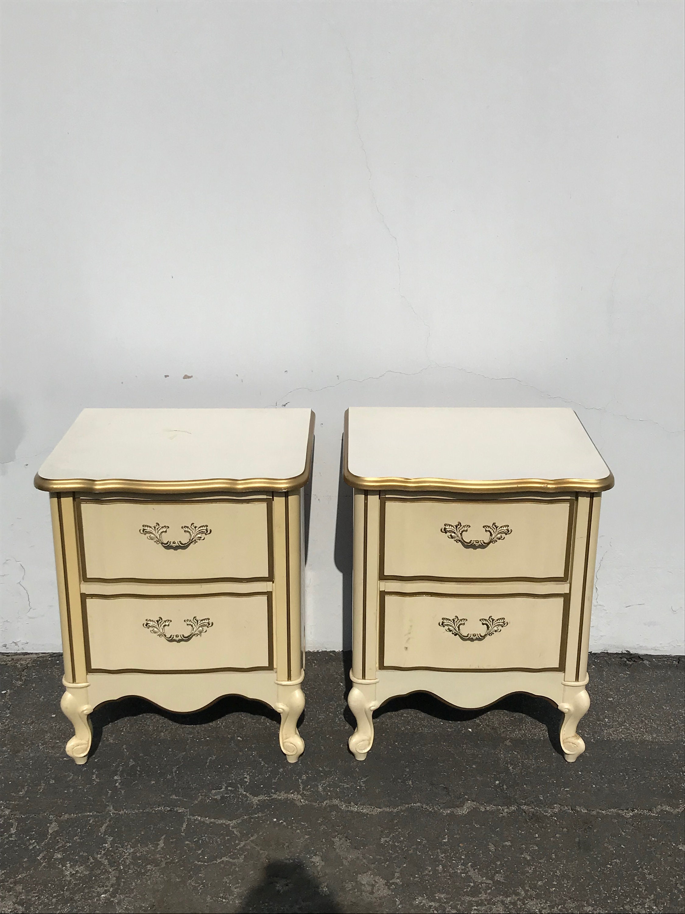 2 Nightstands French Provincial Pair of Tables Bedside Vintage Gold Glam Shabby Chic Bedroom