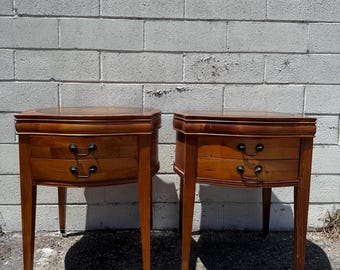 2 Antique Wood Tables Pair of Nightstands Leather Top Antique Set Bedside End Side Bedroom Accent Storage Vintage Furniture Traditional