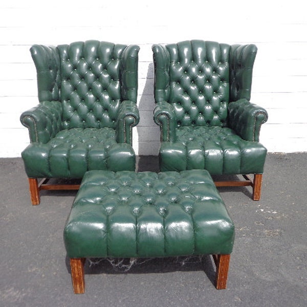 3pc Handsome Deep Tufted Leather Wingback Armchairs Chair Seating Vintage Chesterfield Chippendale Lounge Mid Century Modern English Wing