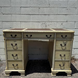 Vintage Desk Leather Top Writing Table Vintage Regency French Provincial Vanity Shabby Chic Victorian Wood Table CUSTOM PAINT AVAIL