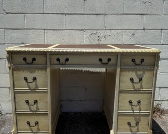 Vintage Desk Leather Top Writing Table Vintage Regency French Provincial Vanity Shabby Chic Victorian Wood Table CUSTOM PAINT AVAIL