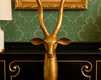 Vintage Brass Antelope Sculpture with Long Spiral Horns – Hollywood Regency