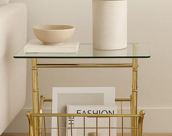 Vintage Side Table Gold Faux Bamboo Mid Century Modern Hollywood Regency Bohemian Chic Cocktail Living Room Furniture Glass Magazine Rack