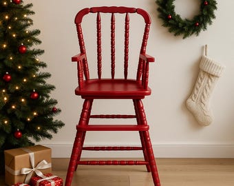 Vintage Red Wooden High Chair | Holiday Farmhouse Decor | Colonial Revival Style