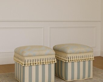Pair of Vintage French Regency Ottomans Blue Gold Damask Vanity Stools with Tassel Fringe Elegant Hollywood Glam Decor