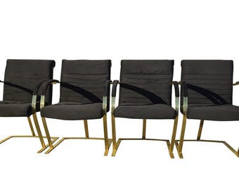 Set of 4 Vintage Milo Baughman Style Cantilever Chairs - Black Upholstery & Polished Gold Brass Frames