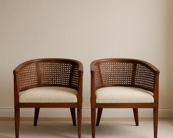 Pair of Vintage Cane Barrel Chairs — Accent Armchairs
