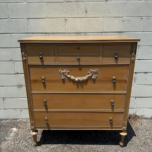 Antique Chest of Drawers Tall Dresser Natural Wood Finish Storage Country French Cottage Bedroom Set Table Painted  CUSTOM PAINT AVAIL