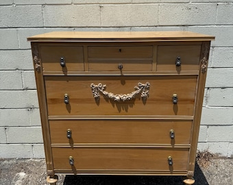 Antique Chest of Drawers Tall Dresser Natural Wood Finish Storage Country French Cottage Bedroom Set Table Painted  CUSTOM PAINT AVAIL