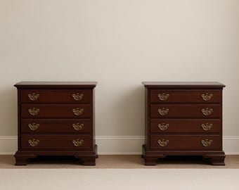 Pair Vintage Ethan Allen Mahogany 4 Drawer Nightstands Chippendale Bedside Tables Chests Brass Hardware Colonial Revival CUSTOM PAINT Avail