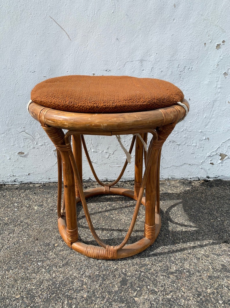 Rattan Stool Bentwood Bamboo Paul Frankl Style Ottoman Footrest Rattan Hassock Wood Vintage Seating Mid Century Furniture Bohemian Boho Chic image 1