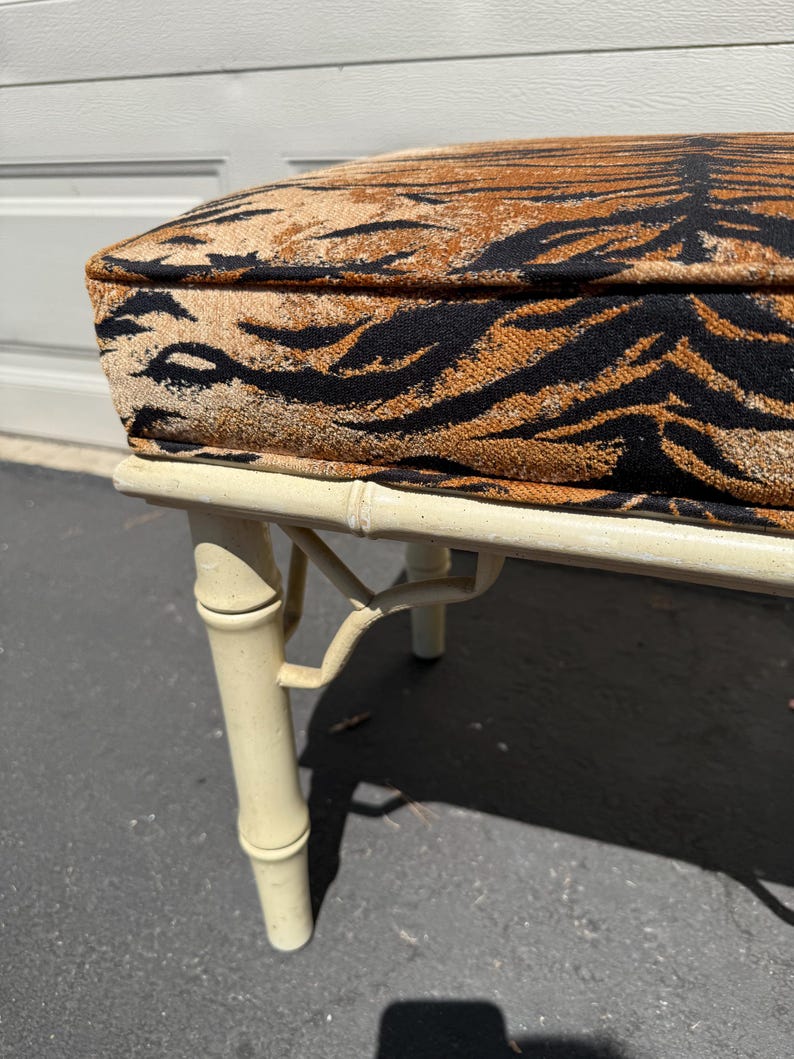 Vintage Faux Bamboo Vanity Stool with Tiger Print Cushion image 11