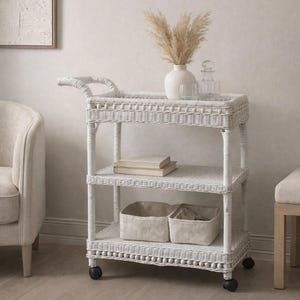 Vintage White Wicker Bar Cart | Coastal Hollywood Regency Rattan Rolling Cart