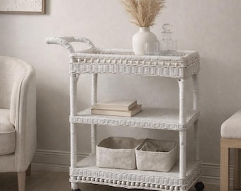 Vintage White Wicker Bar Cart | Coastal Hollywood Regency Rattan Rolling Cart