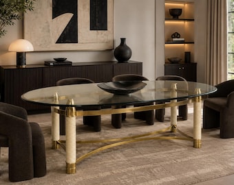 Tommaso Barbi Brass Tusk Dining Table | Postmodern Hollywood Regency Glass Top Table