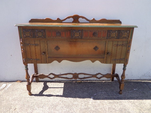Antique Wood Buffet Cabinet Neoclassical Primitive Sideboard Hutch