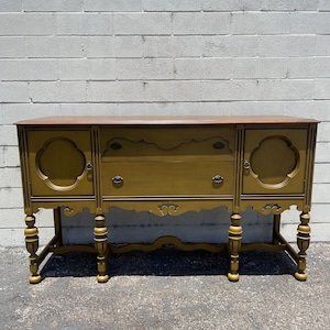 Antique Buffet Cabinet Jacobean Shabby Chic Primitive Sideboard Hutch Wood TV Media Console French Country Storage Table CUSTOM Paint Avail