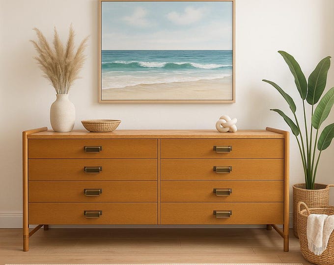 Featured listing image: Iconic Vintage Dresser by McGuire Oak Wood Rattan Bamboo Bedroom Console Chest Drawers Chinoiserie Bohemian Chic Campaign CUSTOM PAINT Avail
