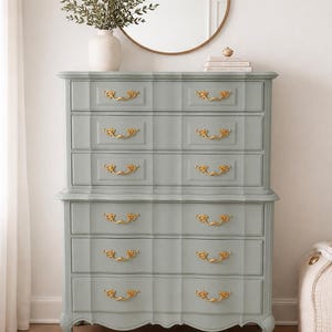 light grey dresser with gold hardware CASTLE PLACE Solid Wood Modern Bedroom 6-Drawer Dresser, Light Grey, Pre-assembled Metal Slides, Gold Handles