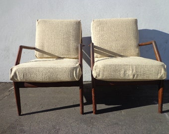 Pair of Mid Century Modern Lounge Chairs Armchairs Slatted Wood Seating Vintage Furniture Upholstered Style MCM Retro Bohemian Boho