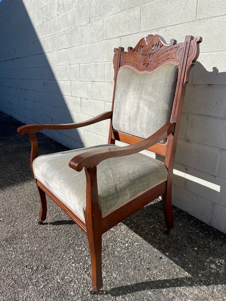 Antique Victorian Armchair Chair French Provincial Boudoir Vanity Seating Bedroom Glam Shabby Chic Carved Wood Fabric Regency Bench Seat Bild 3