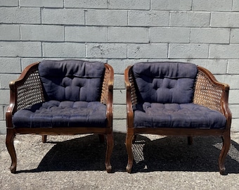 Pair of Vintage Cane Tufted Armchairs Tub Barrel Back Chairs Set Mid Century Modern Style Regency Vintage Seating Bohemian Boho Chic