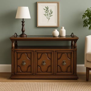 May include: A dark brown wooden cabinet with three doors, each featuring a decorative design and a metal handle. A lamp with a white shade sits on top, along with two white vases and a framed botanical print. The cabinet is against a green wall.