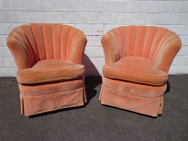 2 Shell Back Chairs Scalloped Tub Barrel Back Pair of Chairs Pink