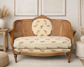 Vintage French Cane Settee Loveseat | Louis XVI Style