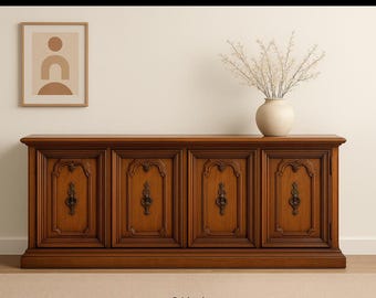 Vintage Mediterranean Walnut Credenza: Ornate Brass Hardware, TV Media Storage Custom PAINT / REFINISHING Available