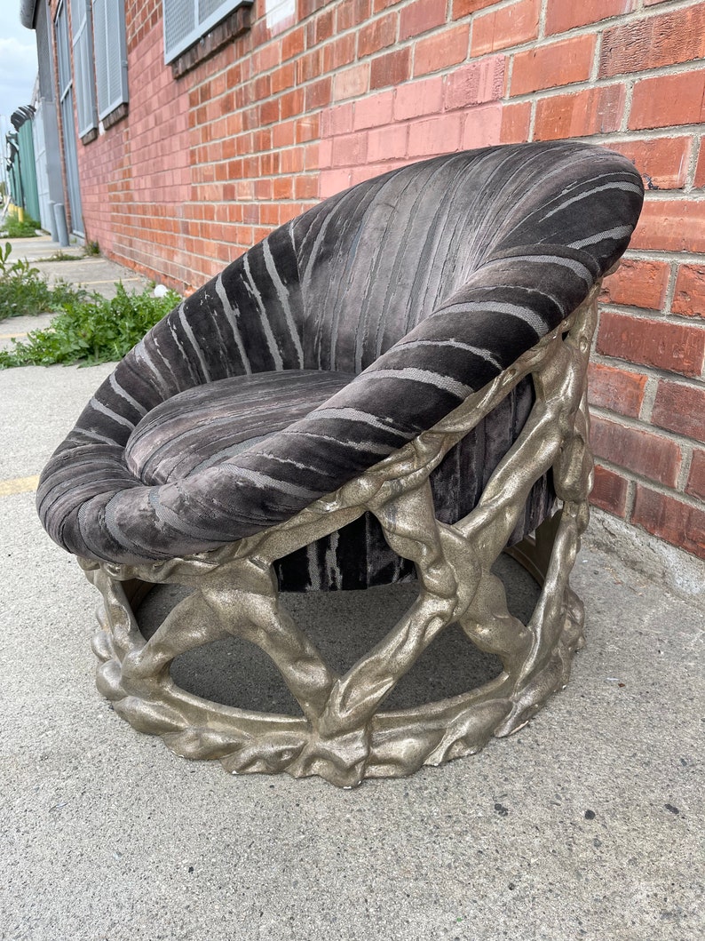 Unique Custom Vintage Lounge Chair Abstract Upholstered Carved Frame Brutalist image 3