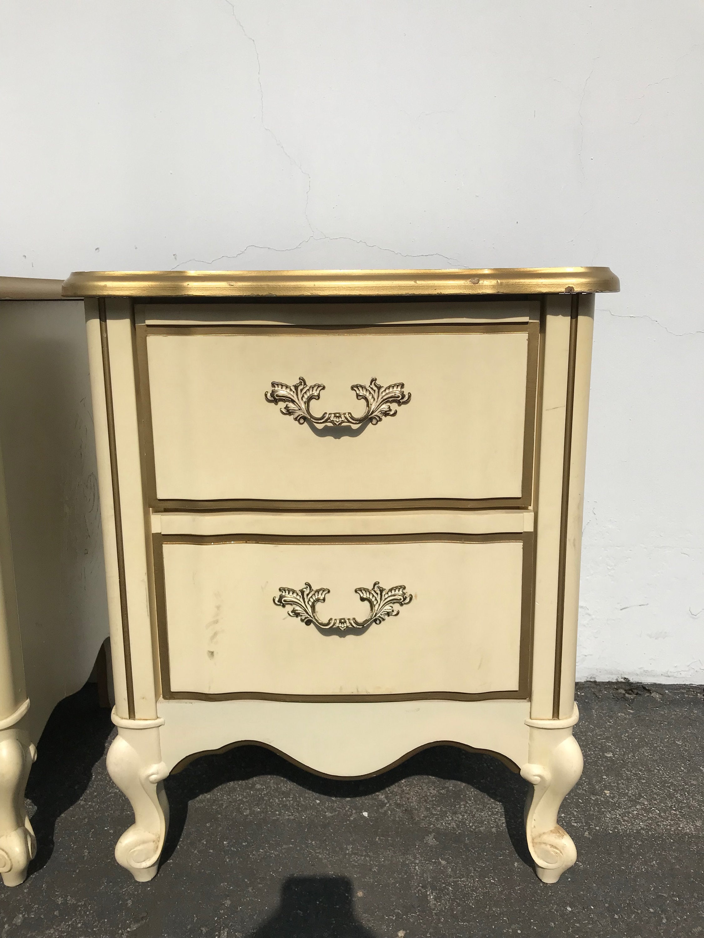 2 Nightstands French Provincial Pair of Tables Bedside Vintage Gold
