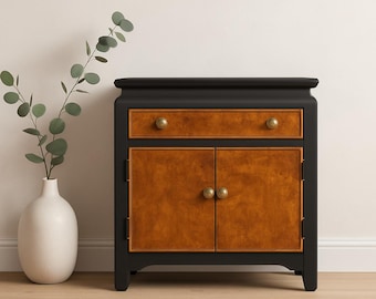 Vintage Asian Inspired Nightstand Bedside Table by Century Furniture Burl Black Bohemian Boho Chic Chinoiserie Regency CUSTOM PAINT AVAIL