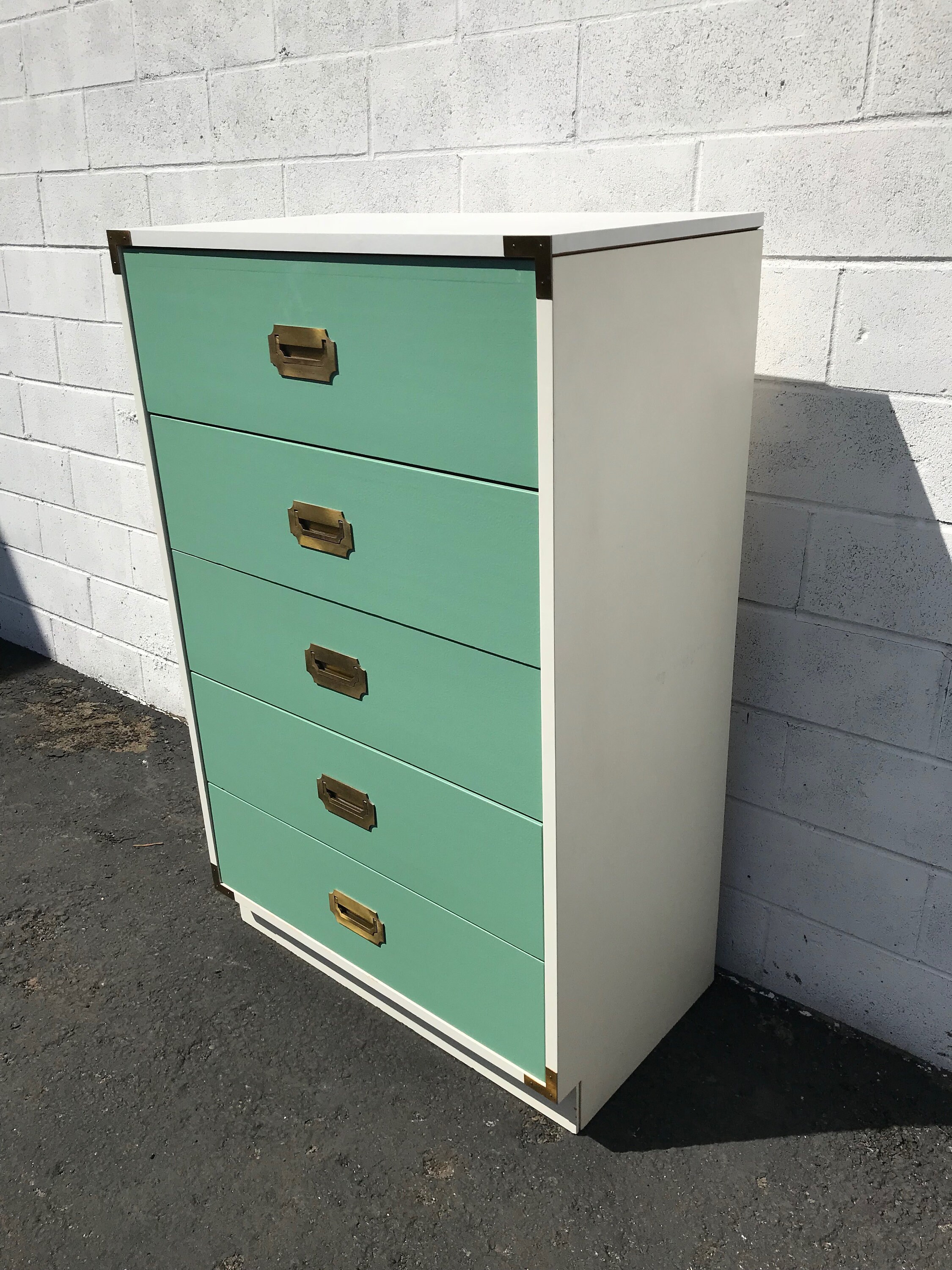 green campaign dresser Chest of Drawers Tallboy Highboy Vintage Mid Century MCM Bureau Media Console Chinoiserie Asian Chinese CUSTOM PAINT Avail Baker furniture