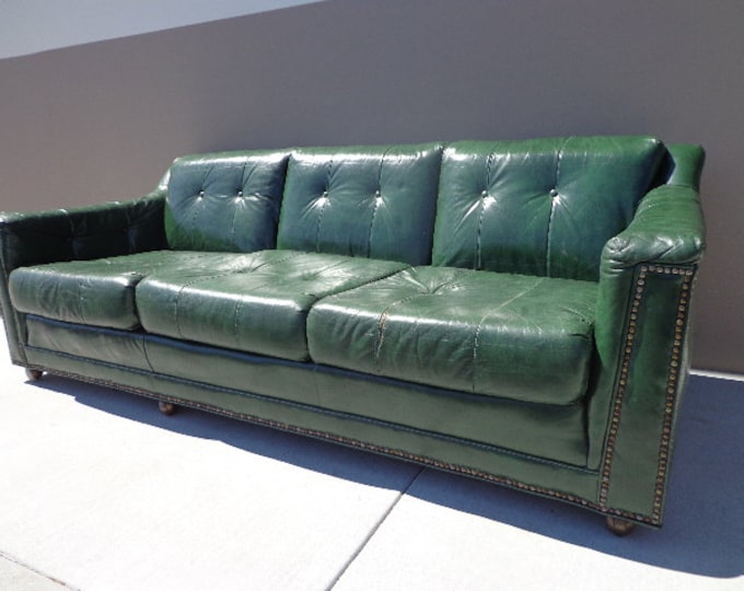 Vintage Green Leather Sofa Couch Brass Tacks Hancock Moore Etsy